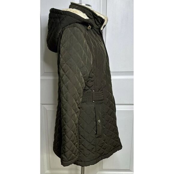 Laundry Shelli Segal Quilted Coat Women’s Medium Detachable Hood Green + Stain** - Picture 8 of 16